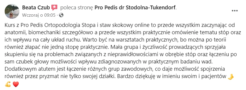 Opinia kursantki lub kursanta o kursie Ortopodologia (zrzut z Facebooka lub Google)