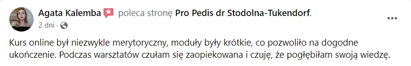 Opinia kursantki lub kursanta o kursie Ortopodologia (zrzut z Facebooka lub Google)
