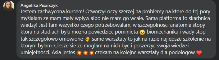Opinia kursantki lub kursanta o kursie Ortopodologia (zrzut z Facebooka lub Google)