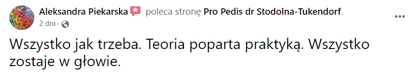 Opinia kursantki lub kursanta o kursie Ortopodologia (zrzut z Facebooka lub Google)