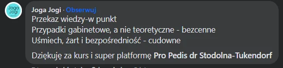 Opinia kursantki lub kursanta o kursie Ortopodologia (zrzut z Facebooka lub Google)