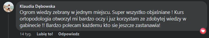 Opinia kursantki lub kursanta o kursie Ortopodologia (zrzut z Facebooka lub Google)