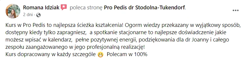 Opinia kursantki lub kursanta o kursie Ortopodologia (zrzut z Facebooka lub Google)