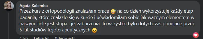 Opinia kursantki lub kursanta o kursie Ortopodologia (zrzut z Facebooka lub Google)