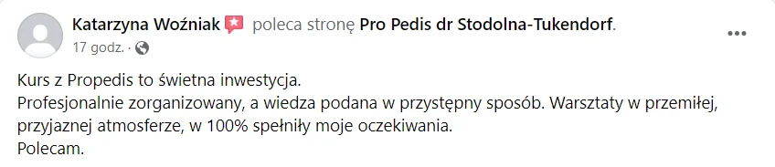 Opinia kursantki lub kursanta o kursie Ortopodologia (zrzut z Facebooka lub Google)